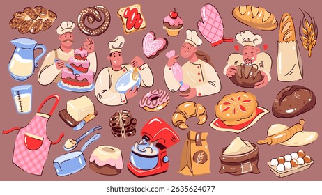 Conjunto de padaria e pastelaria. Padeiro e confeiteiro, pão e torta doce, biscoito e baguete francês, padeiro fazendo sobremesa, ferramentas. Mascote da padaria, ilustração do vetor da coleção de adesivos de desenho animado