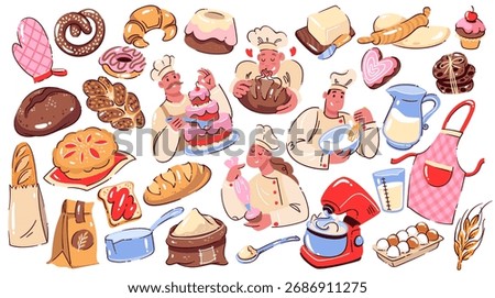 Bakery and pastry shop set. Cereal bread and sweet pie, cookie and French baguette, baker making dessert, tools. Bakery mascot, cartoon stickers collection vector illustration