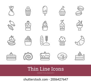 Bakery, pastry shop thin line icons set. Vector pictograms set related to desserts, pastries, sweets such as ice cream, candies, cupcake, donut, pancake. Isolated on white background. Editable strokes