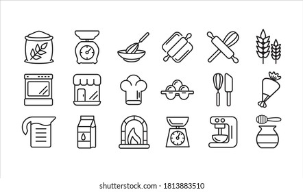 Bakery And Pastry Shop Vector Icon Or Button Bundle Set In Simple Outline Style