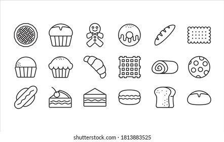 bakery and pastry shop vector icon or button bundle set in simple outline style