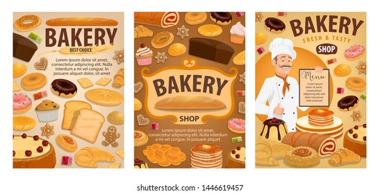 Bakery and pastry shop vector menu with baker, bread and baked dessert. Cakes, baguettes and croissants, buns, donuts and toasts, cupcakes, sweet rolls and bagels, cookie, pies and gingerbread