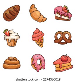 Panadería pastelería de alimentos dulces arte de diseño gráfico aislado. Ilustración de elementos de diseño de dibujos animados