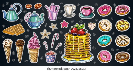 Bakery pastry sweets desserts objects collection shop cafe poster restaurant menu food. Scarp book hand drawn vector design elements bakehouse cake donuts pancake sweets icons stickers labels.