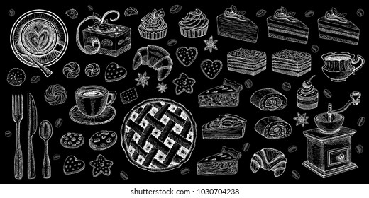 Bakery pastry sweets desserts objects collection shop cafe poster restaurant menu food. Scarpbook hand drawn vector design elements bakehouse cake pie pie sweets icons stickers labels.