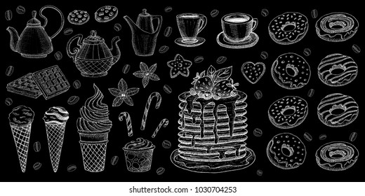 Bakery pastry sweets desserts objects collection shop cafe poster restaurant menu food. Scarpbook hand drawn vector design elements bakehouse cake donuts pancake sweets icons stickers labels.