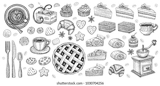 Bakery pastry sweets desserts objects collection shop cafe poster restaurant menu food. Scarpbook hand drawn vector design elements bakehouse cake pie pie sweets icons stickers labels.