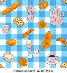 Bakery and pastry theme seamless pattern. Various sorts of bread and coffee. Bakery food for french breakfast, illustration of bakery bread and baguette.