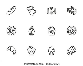 Bakery and pastry thin line icon set. Sweets isolated sign pack. Food concept. Vector illustration symbol elements for web design and apps.