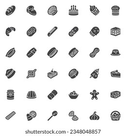 Bakery and pastry vector icons set, modern solid symbol collection, filled style pictogram pack. Signs, logo illustration. Set includes icons as French Bread Loaf, Croissant, Cupcake, Baguette, Eclair