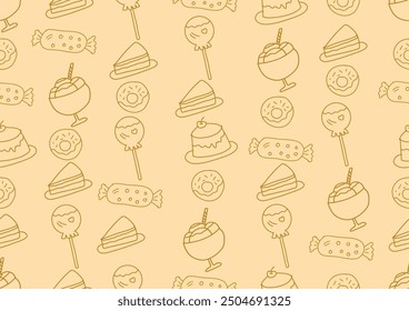 Bakery and pasty dessert seamless pattern.  Bakery doodle art on a light yellow background. For cards, frames, posters, book covers, textiles, wallpaper, wrapping and fabric. 
