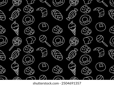 Bakery and pasty dessert seamless pattern.  Bakery doodle art on a black background. For cards, frames, posters, book covers, textiles, wallpaper, wrapping and fabric. 