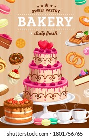 Bakery and patisserie. Holiday pie and cakes cartoon vector poster. Raspberry cake decorated frosting and hearts, waffles with ice-cream, donut, pretzel and cupcake, french macaroon, cup of hot coffee