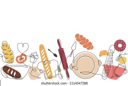 Bakery Pattern. Background With Baking Products And Utensils. Bread House Banner. Cooking Poster. Continuous Drawing Style. Vector Illustration.