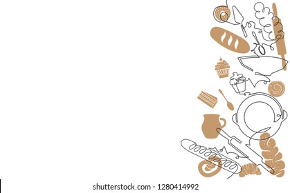 Bakery Pattern. Background with Baking Products, Utensils and emty space for text. Bread House banner. Cooking poster. Continuous drawing style. Vector illustration.