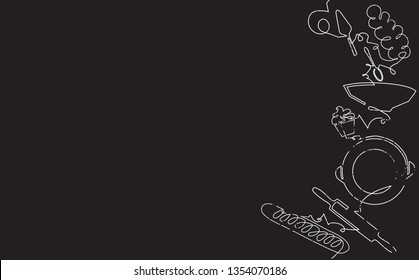 Bakery Pattern. Background with Baking Products, Utensils and emty space for text. Vector illustration. 