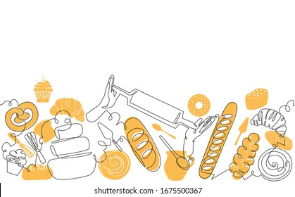 Bakery Pattern. Background with Baking Products and Utensils. Bread House banner. Cooking poster. Continuous drawing style. Vector illustration.