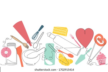 Bakery Pattern. Background with Baking Products and Utensils. Cooking poster. Continuous drawing style. Vector illustration.