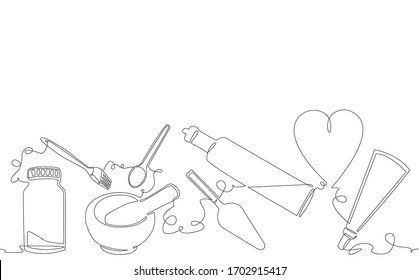 Bakery Pattern. Background With Baking Products And Utensils. Cooking Poster. Continuous Drawing Style. Vector Illustration.