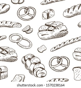 Bakery pattern. Hand drawn bread products on white background. Sketch style. Seamless vector backdrop.