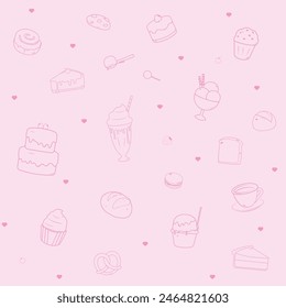 Bakery pattern. Bakery, ice cream, and drinks outline icons with heart pattern on a pink background.