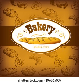 Bakery. Pattern with loaf, baguette, baked goods, croissant, bagel. labels