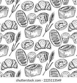 Bakery pattern. Outline vector background rye, whole grain and wheat bread, pretzel, muffin, pita , ciabatta, croissant, bagel, toast bread, french baguette for design menu bakery.