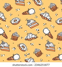 bakery pattern seamless ice cream cone pastry cake donat cupcake wallpaper background carpet cover wrap template concept colorful doodle cartoon yellow brown beige package textile fabric banner menu