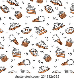 bakery pattern seamless ice cream cone pastry cake donat cupcake wallpaper background carpet cover wrap template concept colorful doodle cartoon white brown beige package textile fabric banner menu