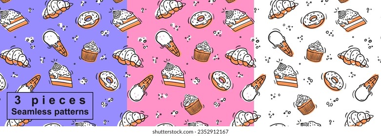 patrón de panadería sin soldadura helado crema pastelería donat cupcake fondo tapiz alfombra de fondo envoltura plantilla concepto doodle colorido dibujos animados paquete de tela textil color marrón blanco menú de banner