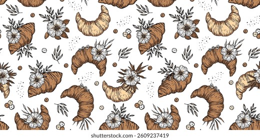 Bakery Pattern Sketch Seamless French Croissant Vintage Flower Background Doodle Patisserie Vector Wallpaper