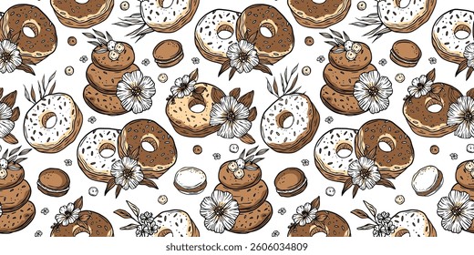 Bakery Pattern Sketch Vintage Donut Macaron Sweet Pastry Background Doodle Patisserie Bg Vector Wallpaper