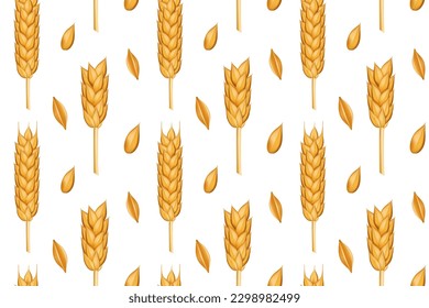 Bakery pattern. Wheat ears. Farm corn. Harvest from field or farming land. Barley and oat seeds. Agricultural cereal. Countryside agronomy. Food cultivating. Vector seamless background