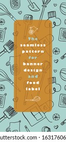 Bakery patterns and baking seamless doodle background for restaurant banner. Outline illustrations. Line bakery icons for logo of cooking class.  Cooking food pattern. Trendy bakehouse emblem.