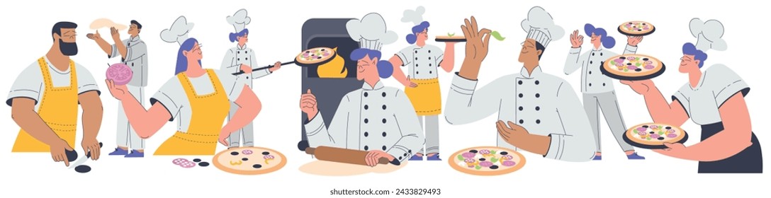 Bakery with People Baker Character in Uniform Baking Pizza Vector Illustration