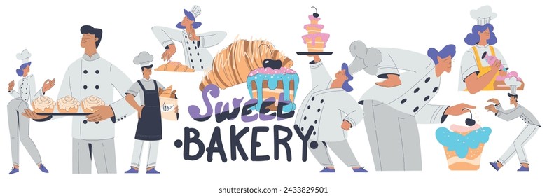 Bakery with People Baker Character in Uniform Baking Pastry Vector Illustration