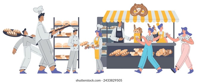 Bäckerei mit Menschen Bäcker Charakter in Uniform Backen und verkaufen Brot und Gebäck Vektor-Illustration