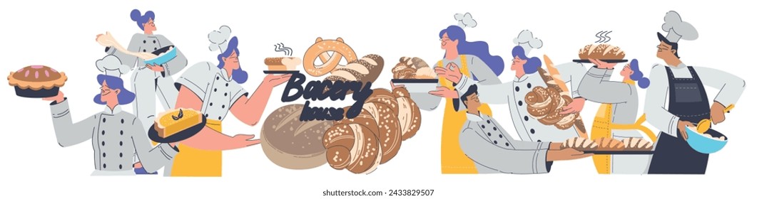 Bäckerei mit Menschen Bäcker Charakter in Uniform Backen Gebäck Vektor-Illustration