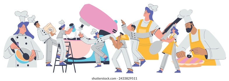 Bäckerei mit Menschen Bäcker Charakter in Uniform Backen Gebäck Vektor-Illustration