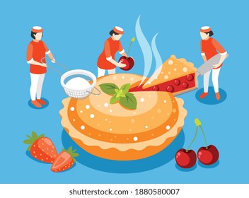 Bakery people isometric composition with pastry and cooking symbols vector illustration