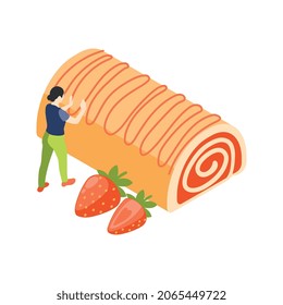 Bakery people isometric composition with small female character applying jam to strawberry biscuit vector illustration