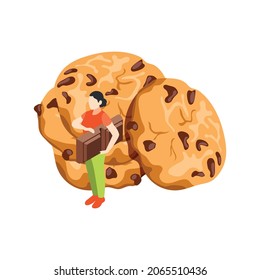 Bakery people isometric composition with small female character holding chocolate with cookies vector illustration