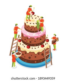 Bakery people isometric concept with pastry and cake symbols vector illustration
