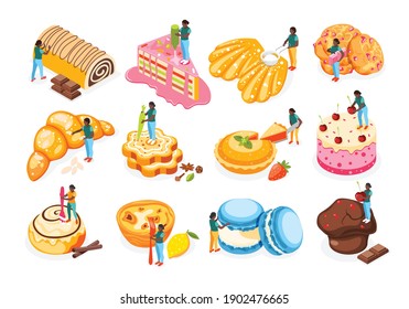 Bakery people isometric icons set with pastry and dessert symbols vector illustration