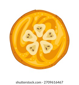 Bäckerei Kuchen verfügt über eine goldene Kruste mit Füllung und hellen Fruchtscheiben in einem kreisförmigen Muster angeordnet, schaffen eine köstliche Dessert-Illustration