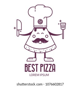 Bakery or pizzeria logo template with smiling chief-cooker pizza man in chef hat with mustache. Italian pizza restaurant logo with mascot. Cooking and making icon in line art style.