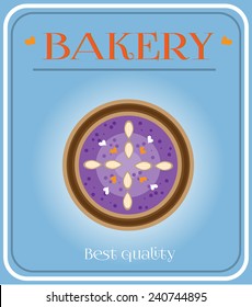 Bakery with plum cake on blue background