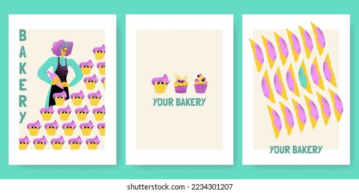 Bakery postcard or flyer template set with funny pastry chef character and delicious pastries in flat style