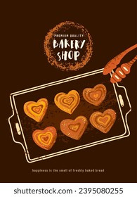 Bakery poster background vector illustration with bakery products and fresh pastries. Buns in the shape of heart on baking tray with bakery tongs with textured effect in modern flat style.