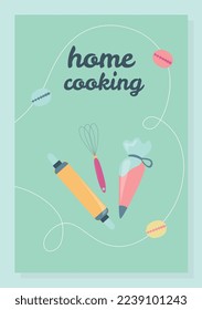 Bakery poster or cover. Home cooking concept, set of ingredients and liquids for making delicious and sweet products, muffins, cakes and cupcakes, colorful icing. Cartoon flat vector illustration